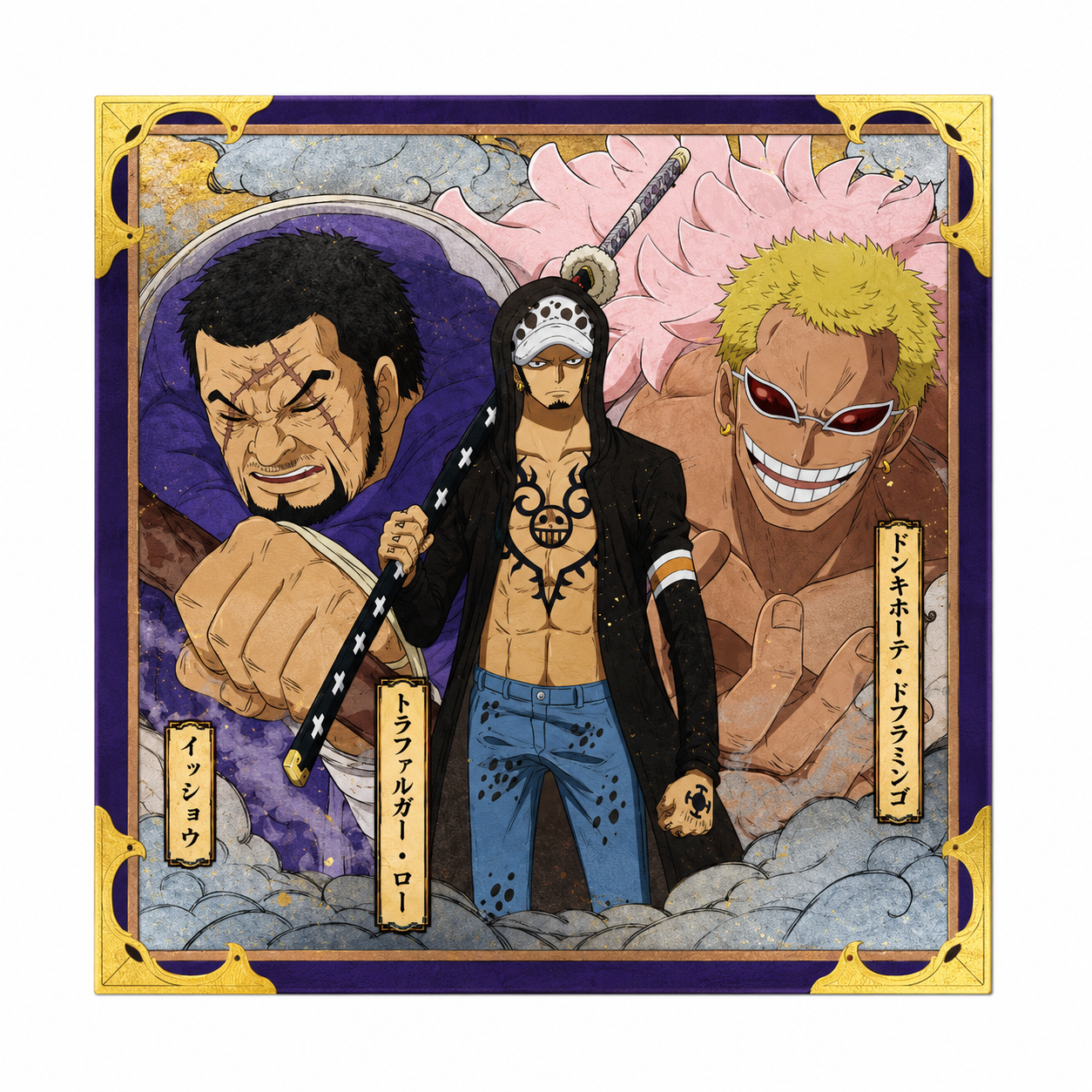 Bandai Namco One Piece Ichiban Kuji G Prize metallic shikishi board featuring Fujitora (Issho), Trafalgar Law, and Donquixote Doflamingo